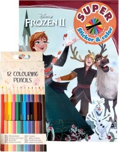Disney Frozen - Livre De Coloriage - 16 Pages De Coloriage - 12 Crayons - 15 Autocollants Sur 1 Feuille - Bloc De Coloriage - Noël - Anna - Christoff - Sven - Olaf - Cadeau - Cadeau - Anniversaire - Sinterklaas